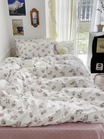 91家纺网 家纺一手货源 找家纺 昔可 2023新款亲肤韩系全棉绑带款四件套 水墨红玫瑰