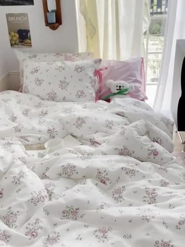 91家纺网 家纺一手货源 找家纺 昔可 2023新款亲肤韩系全棉绑带款四件套 初恋蔷薇