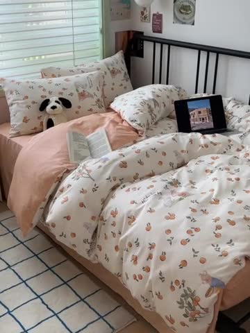 91家纺网 家纺一手货源 找家纺 昔可 2023新款全棉卡通小清新四件套 果园伙伴