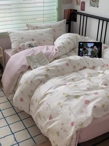 91家纺网 家纺一手货源 找家纺 昔可 2023新款全棉卡通小清新四件套 春日水彩花卉