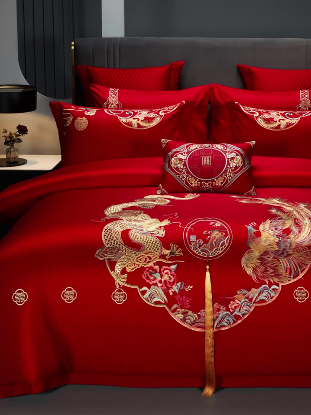 91家纺网 家纺一手货源 找家纺 美娘阁 2023年秋冬新品长绒棉刺绣系列婚庆 四件套/多件套 龙飞凤舞