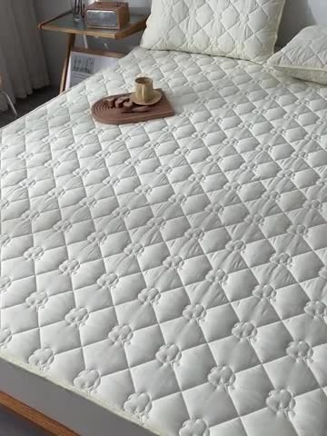 91家纺网 家纺一手货源 找家纺 A类新疆棉花填充夹棉床笠母婴级床笠单件纯色床罩保护罩套全包围 米白