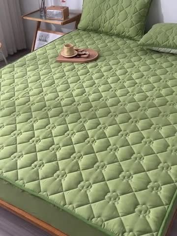 91家纺网 家纺一手货源 找家纺 A类新疆棉花填充夹棉床笠母婴级床笠单件纯色床罩保护罩套全包围 绿