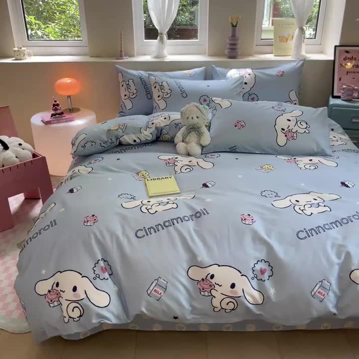 91家纺网 家纺一手货源 找家纺 金爱家 2023新款三丽鸥正版授权纯棉印花系列四件套 棉三丽鸥-牛奶玉桂狗