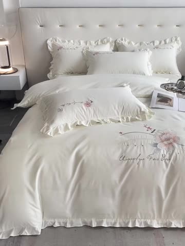 91家纺网 家纺一手货源 找家纺 2023新款韩版亲肤磨毛刺绣蕾丝床裙床单如意系列四件套 达琳美-奶油黄