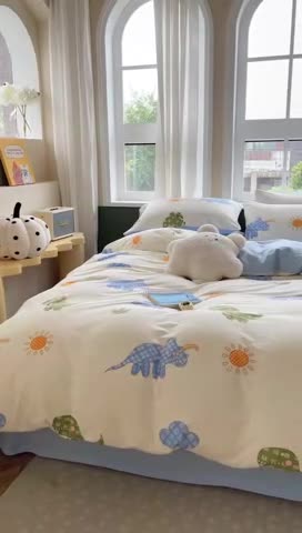 91家纺网 家纺一手货源 找家纺 柚子 2023新款全棉针织印花四件套 格纹恐龙