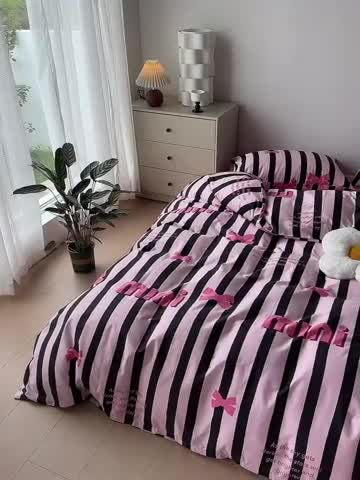 91家纺网 家纺一手货源 找家纺 怡家居 2023新款全棉四件套7月新花色 粉色蝴蝶结