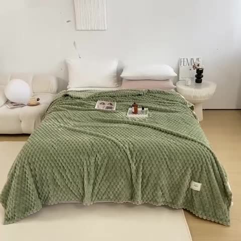 91家纺网 家纺一手货源 找家纺 羋多 2023年新款菠萝格提花毯子法莱绒云貂绒贴布毛毯 金龟绒-抹茶绿