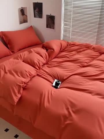 91家纺网 家纺一手货源 找家纺 蓝淋家纺 2023新款双拼水洗棉高级感亲肤四件套/三件套 爱马仕橙