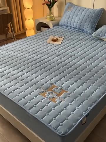 91家纺网 家纺一手货源 找家纺 富威堡家纺 2023新款原棉H标刺绣棉花床笠 刺绣-蓝