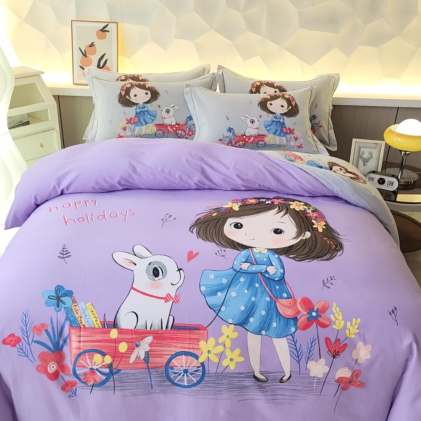 91家纺网 家纺一手货源 找家纺 雲归梦 2023年新款加厚全棉生态磨毛大版四件套 欢乐一夏紫