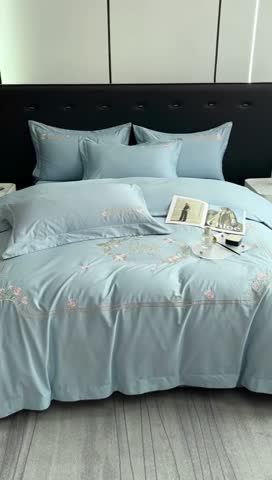 91家纺网 家纺一手货源 找家纺 2023秘密花园系列轻奢小香风纯棉刺绣长绒棉四件套 秘密花园-梵星蓝