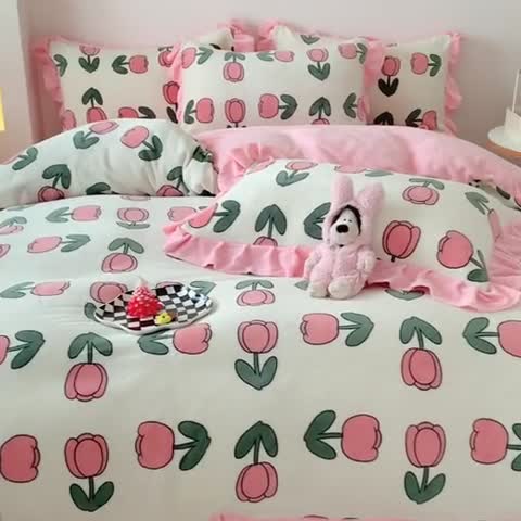 91家纺网 家纺一手货源 找家纺 吾欢心 2024新款韩版花边牛奶绒四件套 花颂