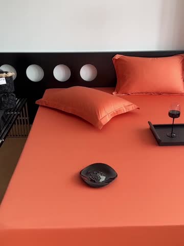 91家纺网 家纺一手货源 找家纺 爱丽丝 2023新款100支新疆全棉长绒棉纯色单品床笠 爱马仕橙