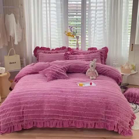 91家纺网 家纺一手货源 找家纺 欧冠 2023新款高端牛奶绒提花四件套 豆沙红