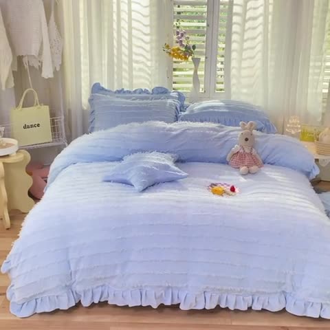 91家纺网 家纺一手货源 找家纺 欧冠 2023新款高端牛奶绒提花四件套 静谧蓝