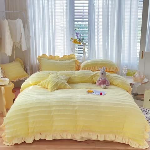 91家纺网 家纺一手货源 找家纺 欧冠 2023新款高端牛奶绒提花四件套 柠檬黄