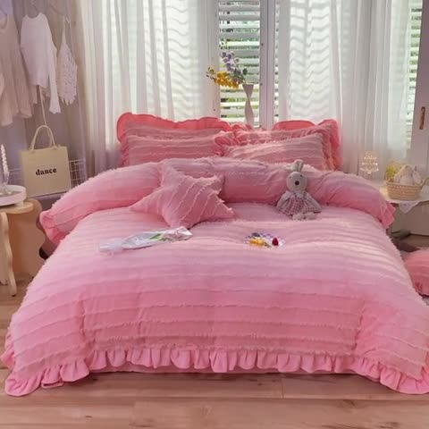 91家纺网 家纺一手货源 找家纺 绒世界 2024新款高端牛奶绒提花四件套 蜜桃粉