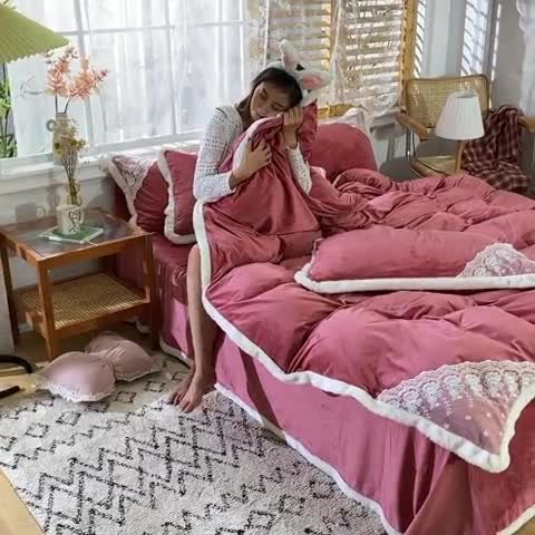 91家纺网 家纺一手货源 找家纺 绒世界 2024新款韩版公主牛奶绒四件套 豆沙