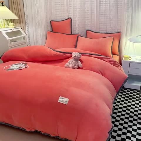91家纺网 家纺一手货源 找家纺 绒世界 2024新款加厚牛奶绒纯色优雅四件套 优雅-橙色