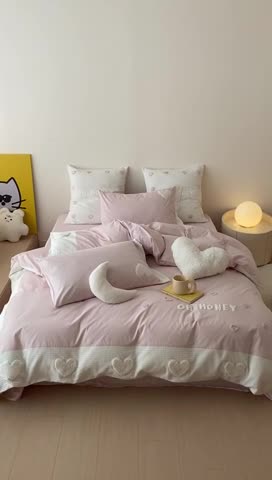 91家纺网 家纺一手货源 找家纺 星野 2023新款加厚40s水洗棉四件套-甜心 甜心清新粉