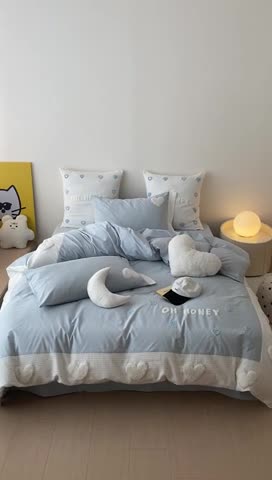 91家纺网 家纺一手货源 找家纺 星野 2023新款加厚40s水洗棉四件套-甜心 甜心仙蒂蓝