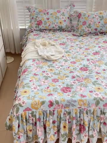91家纺网 家纺一手货源 找家纺 罗艺轩 2024新款全棉花边床笠式夹棉床裙三件套波塞尔庄园繁花似锦