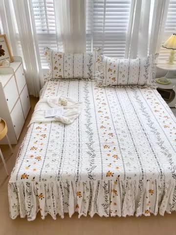 91家纺网 家纺一手货源 找家纺 罗艺轩 2024新款全棉花边床笠式夹棉床裙三件套波塞尔庄园芙拉花园