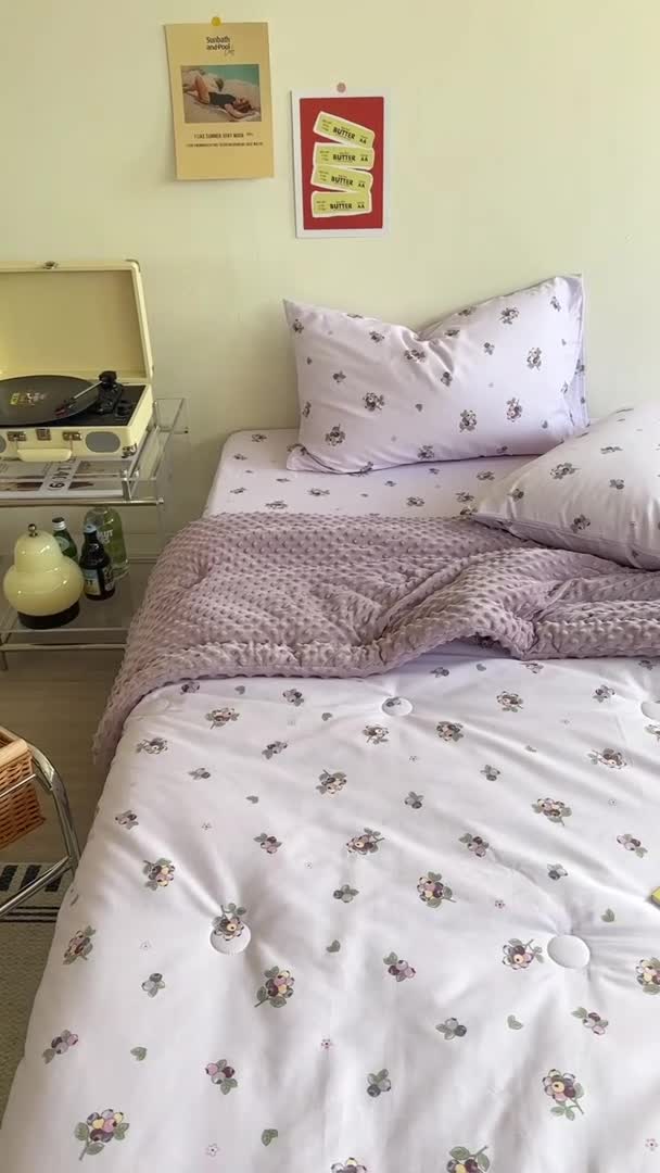 91家纺网 家纺一手货源 找家纺 星期八 2023新款复古碎花全棉豆豆春秋被四件套 蓝莓