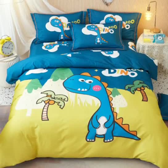 91家纺网 家纺一手货源 找家纺 沐白家居 2023全棉大版生态磨毛四件套 恐龙森林