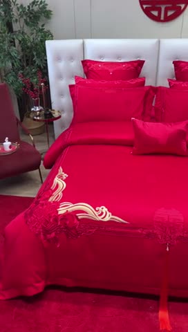 91家纺网 家纺一手货源 找家纺 宏羽纺 2023新款高支高密全棉贡缎提花婚庆套件 缘定三生-红