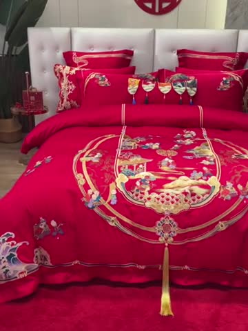 91家纺网 家纺一手货源 找家纺 宏羽纺 新款1全棉全棉贡缎提花婚庆套件 全棉如意百子-传统拍法