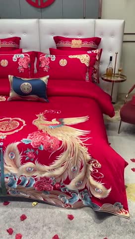 91家纺网 家纺一手货源 找家纺 宏羽纺 2023新款高支高密全棉贡缎提花婚庆套件 全棉锦绣江南