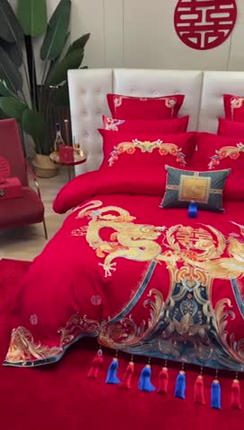 91家纺网 家纺一手货源 找家纺 宏羽纺 2023新款高支高密全棉贡缎提花婚庆套件 全棉锦绣江山