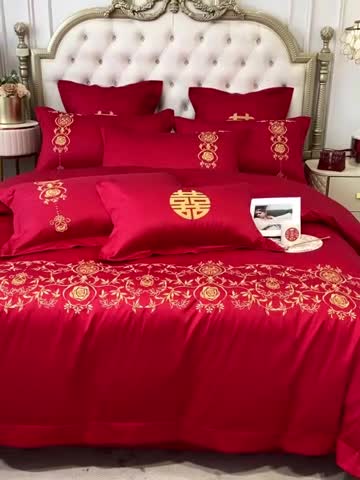 91家纺网 家纺一手货源 找家纺 欧乐蒂 2025新款全棉婚庆四件套 喜事连连