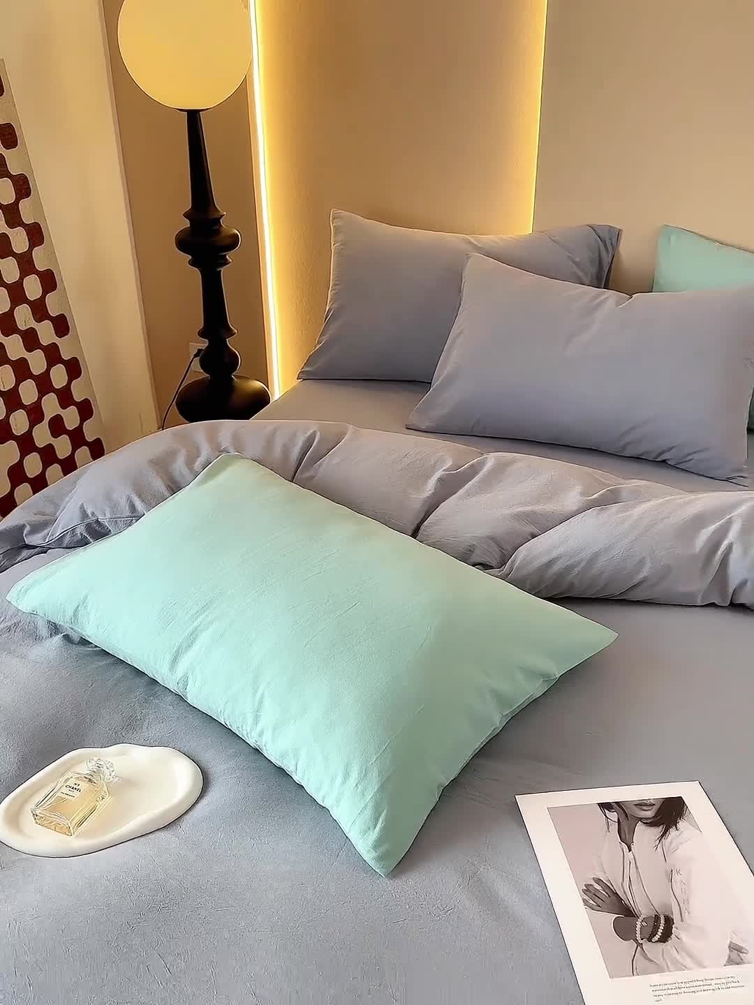 91家纺网 家纺一手货源 找家纺 三沁 2023新款直播爆款A类全棉纯棉水洗棉简约无印风纯色四件套 湖蓝