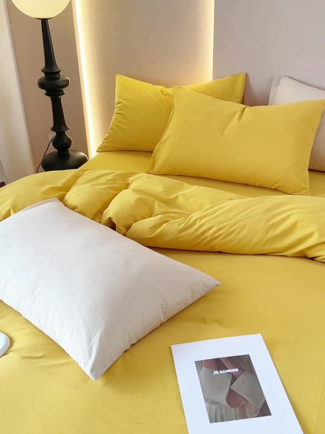 91家纺网 家纺一手货源 找家纺 三沁 2023新款直播爆款A类全棉纯棉水洗棉简约无印风纯色四件套 姜黄