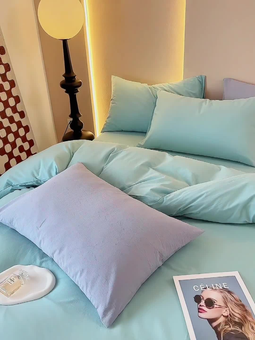 91家纺网 家纺一手货源 找家纺 三沁 2023新款直播爆款A类全棉纯棉水洗棉简约无印风纯色四件套 蒲河绿