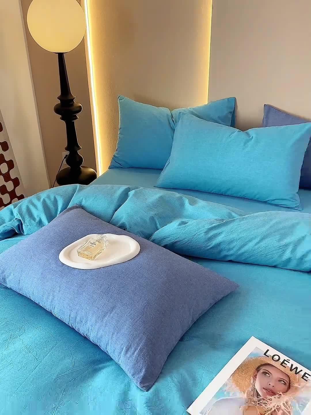 91家纺网 家纺一手货源 找家纺 三沁 新款直播爆款A类全棉纯棉水洗棉简约无印风纯色四件套 克莱因蓝