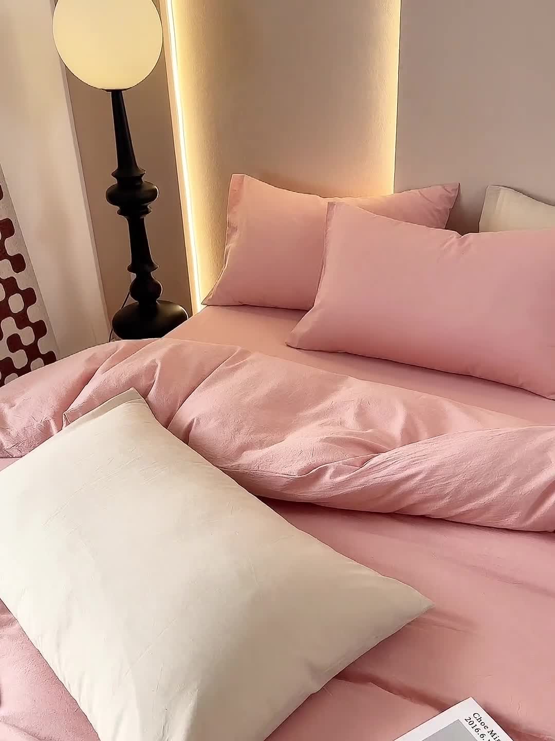 91家纺网 家纺一手货源 找家纺 三沁 2023新款直播爆款A类全棉纯棉水洗棉简约无印风纯色四件套 粉玉