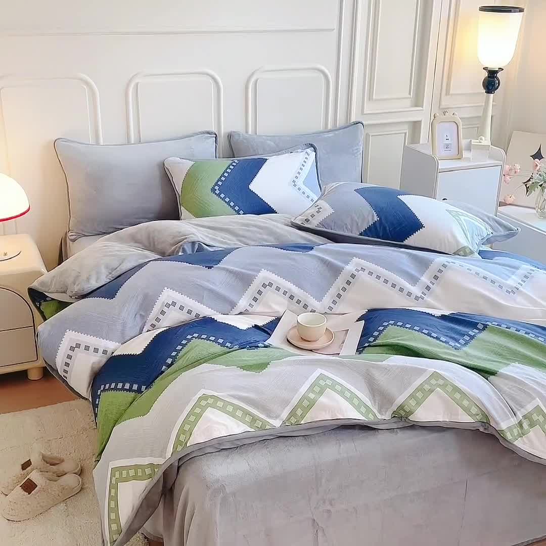 91家纺网 家纺一手货源 找家纺 琪琪阁 2023新款A棉B绒棉加绒牛奶绒四件套单被套 克洛伊