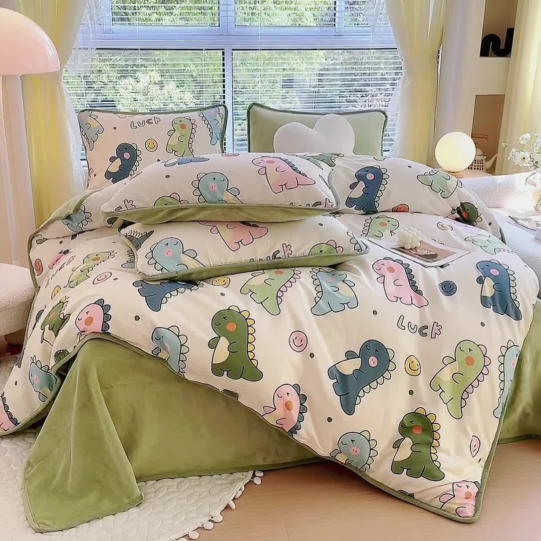 91家纺网 家纺一手货源 找家纺 琪琪阁 2023新款A棉B绒棉加绒牛奶绒四件套单被套 恐龙家族