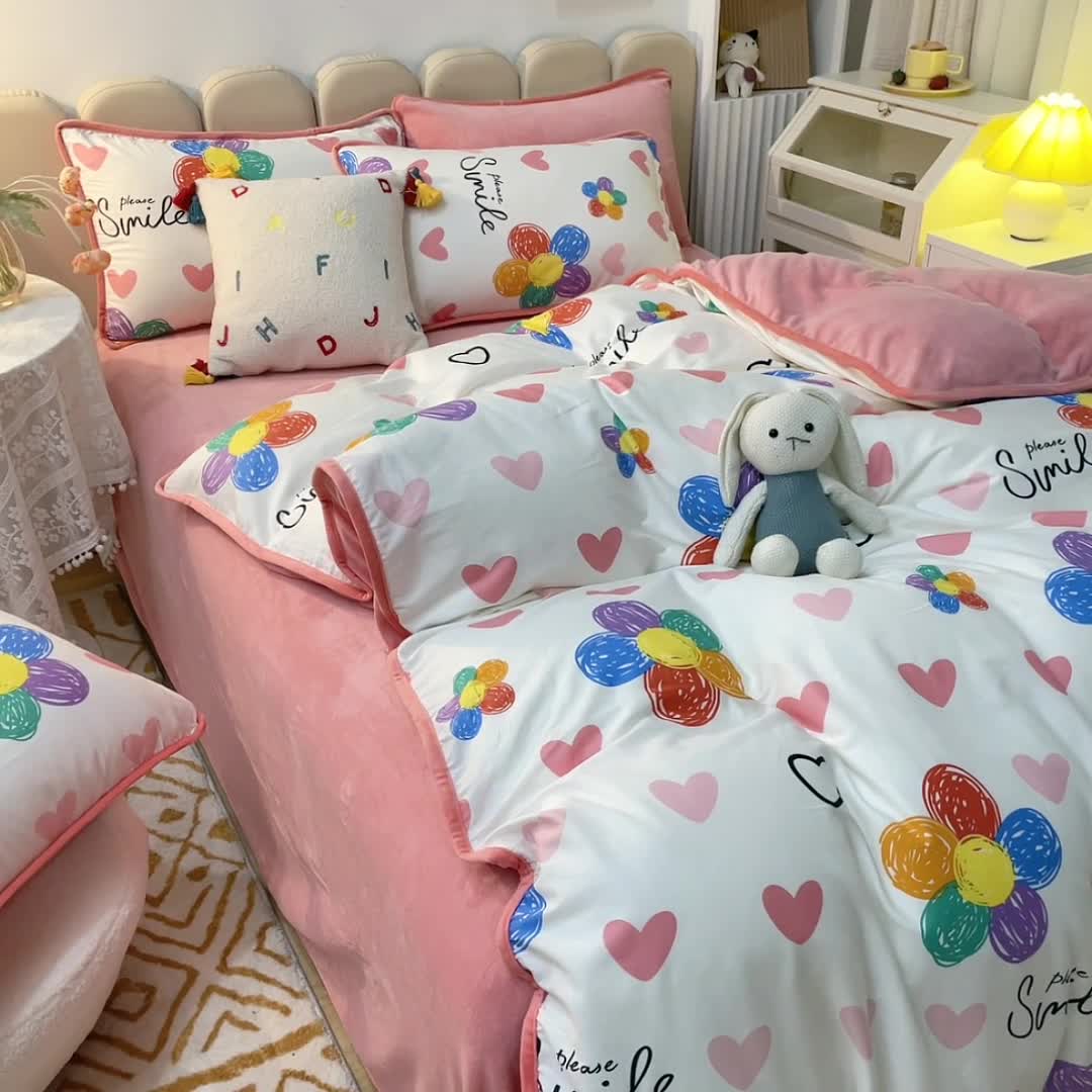 91家纺网 家纺一手货源 找家纺 琪琪阁 2023新款A棉B绒棉加绒牛奶绒四件套单被套 手绘浪漫
