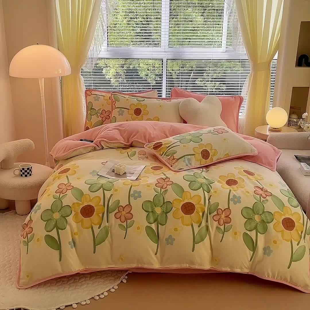 91家纺网 家纺一手货源 找家纺 琪琪阁 2023新款A棉B绒棉加绒牛奶绒四件套单被套 向阳花开
