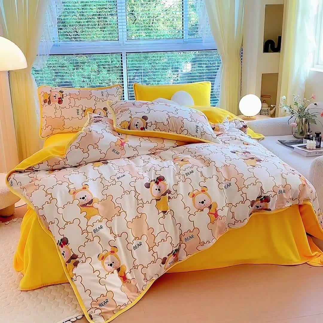 91家纺网 家纺一手货源 找家纺 琪琪阁 2023新款A棉B绒棉加绒牛奶绒四件套单被套 小可爱