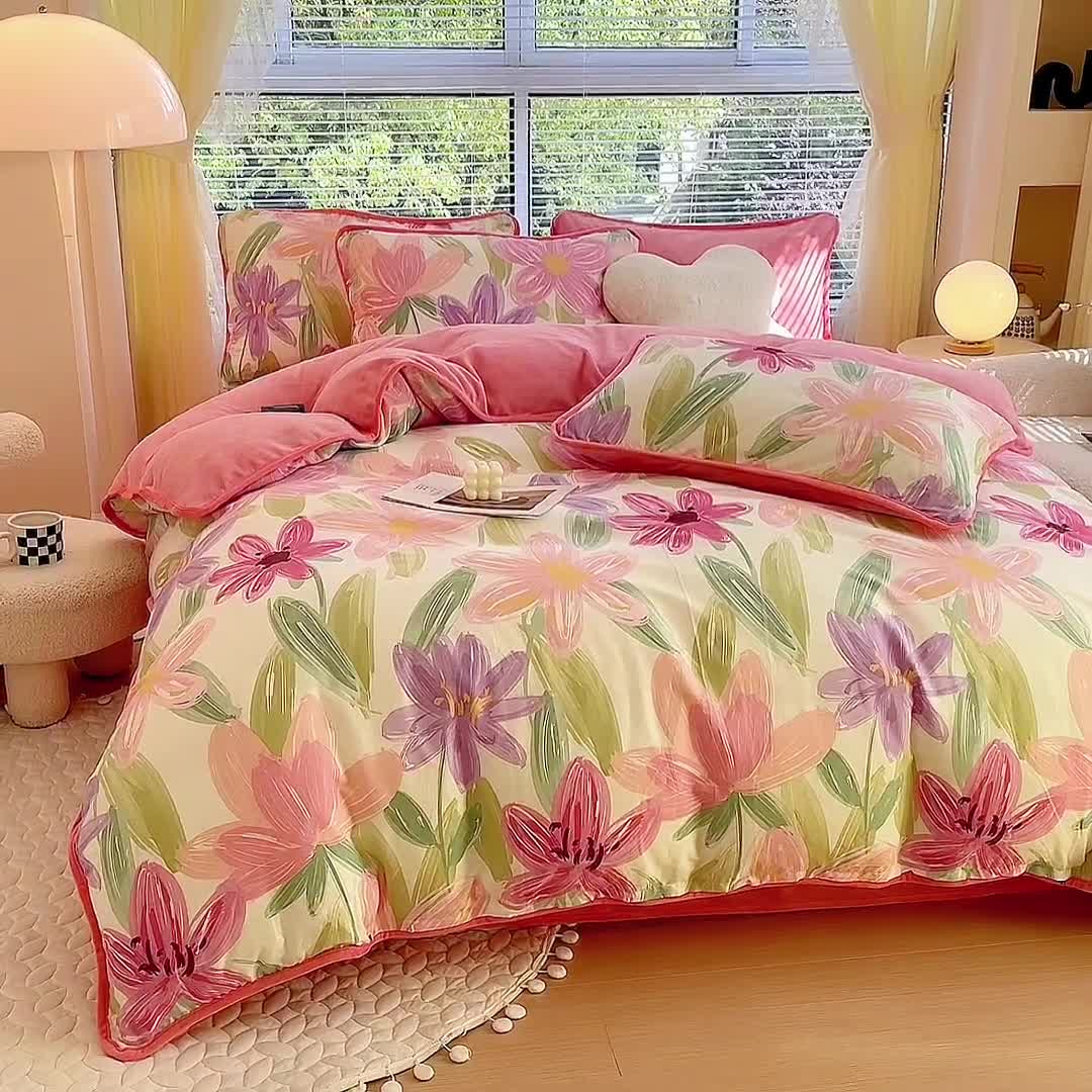 91家纺网 家纺一手货源 找家纺 琪琪阁 2023新款A棉B绒棉加绒牛奶绒四件套单被套 雅蔓