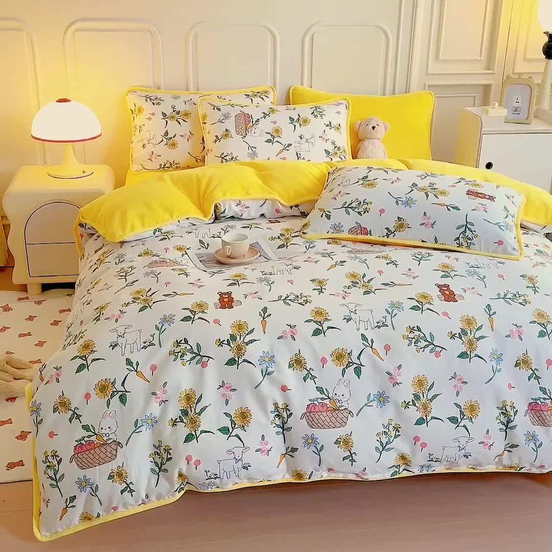 91家纺网 家纺一手货源 找家纺 琪琪阁 2023新款A棉B绒棉加绒牛奶绒四件套单被套 阳光花梦