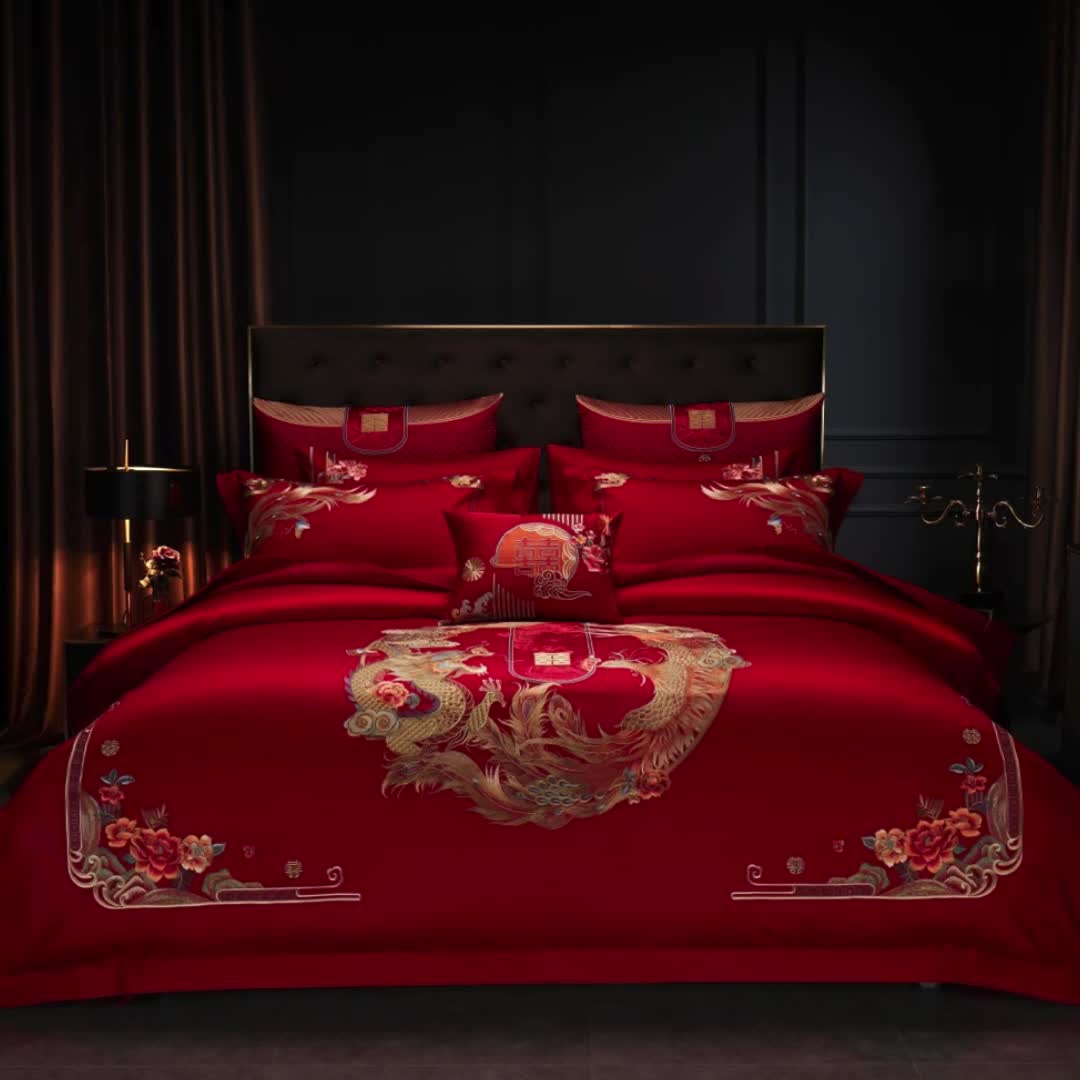 91家纺网 家纺一手货源 找家纺 缔缦 2023新款100s全棉长绒棉刺绣四件套婚庆 龙凤牡丹