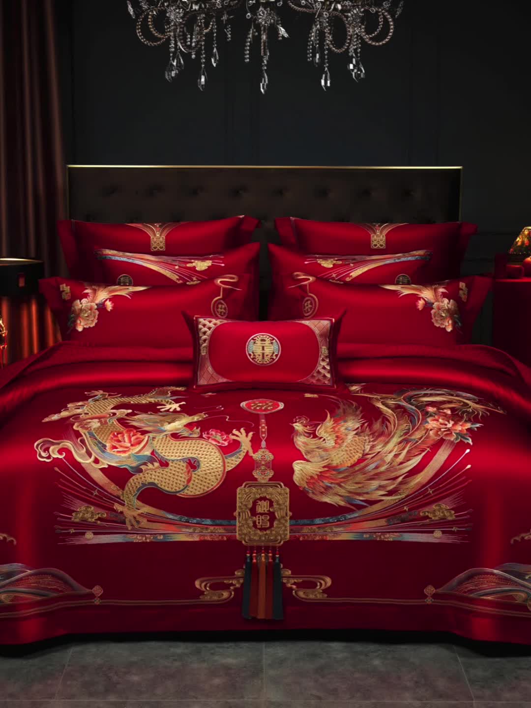 91家纺网 家纺一手货源 找家纺 缔缦 2023新款100s全棉长绒棉刺绣四件套婚庆 大喜之日