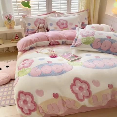 91家纺网 家纺一手货源 找家纺 川悦生活 2023新款立体雪花绒四件套 乐花花